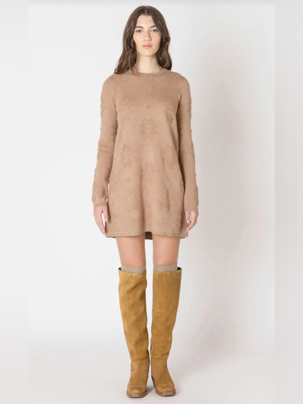 Z Supply Tan Floral Long Sleeve Sweater Dress